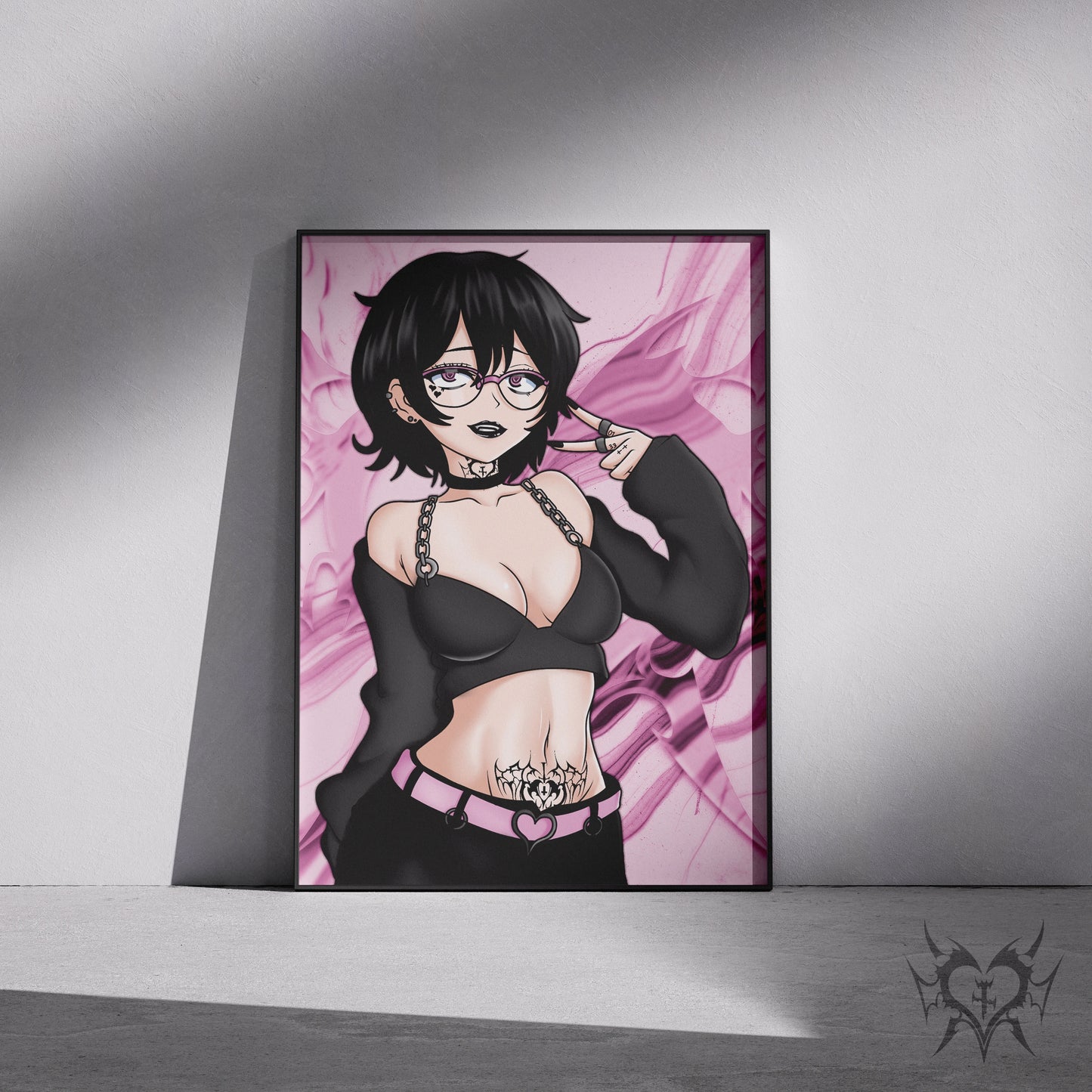 Noushi art print displayed in a black frame against a grey wall, digital mockup of Always Sick original anime artwork.
