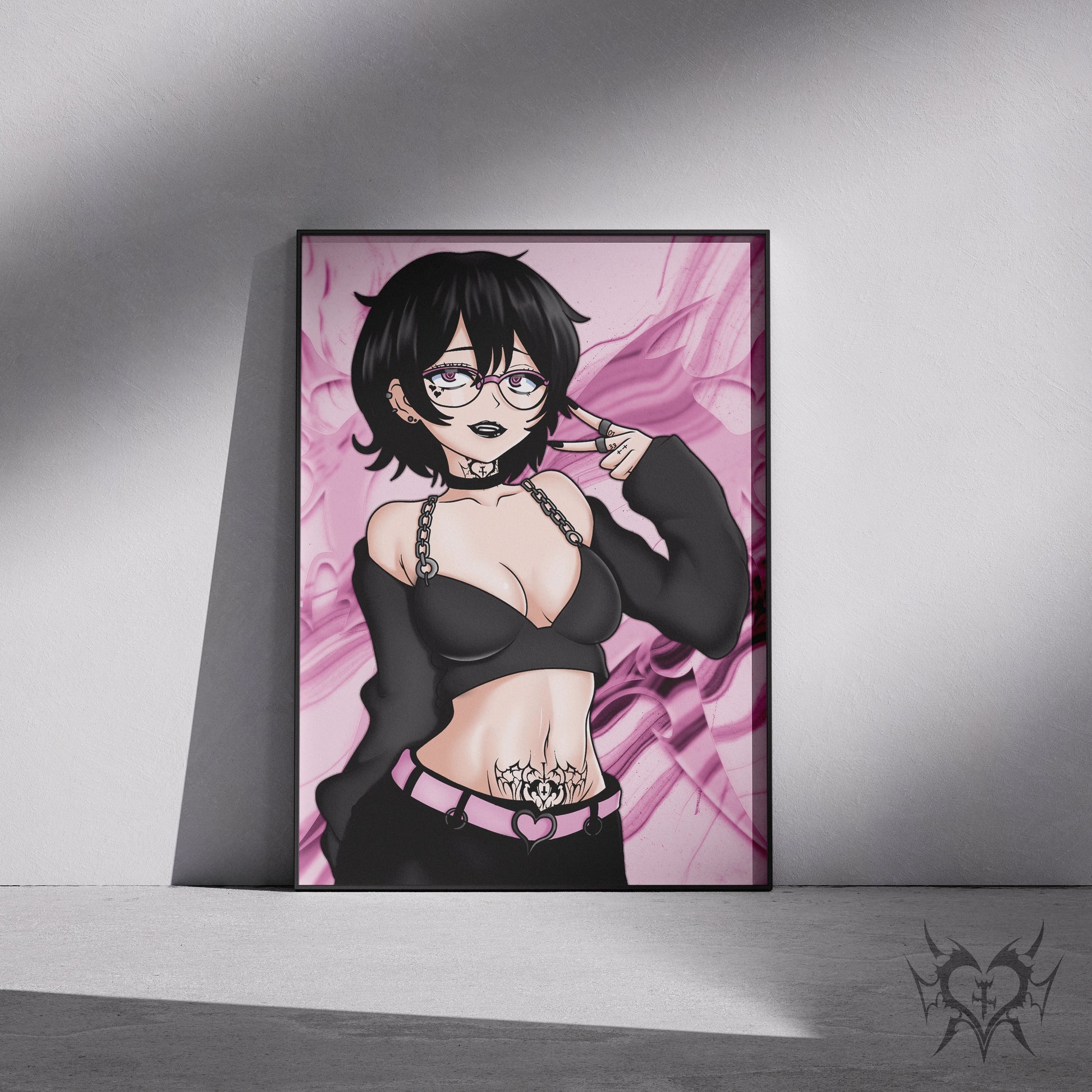 Noushi art print displayed in a black frame against a grey wall, digital mockup of Always Sick original anime artwork.