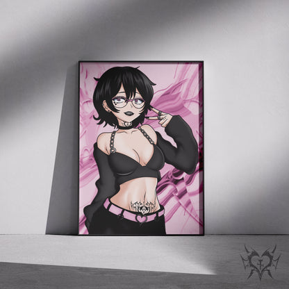 Noushi art print displayed in a black frame against a grey wall, digital mockup of Always Sick original anime artwork.