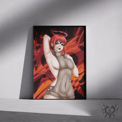 Sweater Dress Makima Chainsaw Man art print displayed in a black frame against a grey wall, digital mockup of Always Sick original anime artwork.