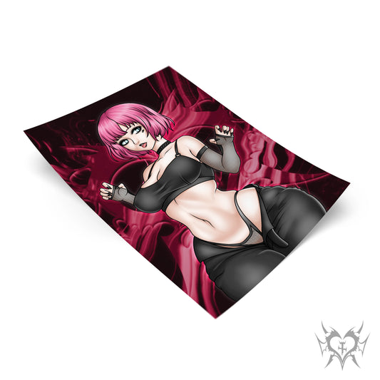 Goth Rin Qatherine art print flat lay with deep red smoke background, Catherine: Full Body anime fan art in black crop top and fishnet gloves, Always Sick original design.