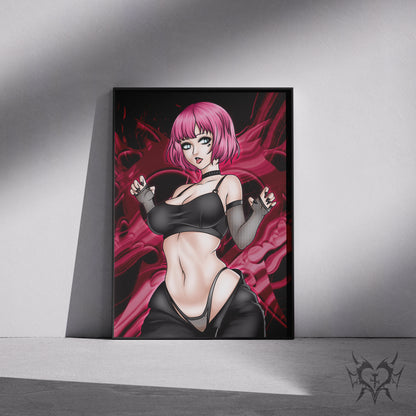 Goth Rin Qatherine Catherine: Full Body art print displayed in a black frame against a grey wall, digital mockup of Always Sick original anime artwork.