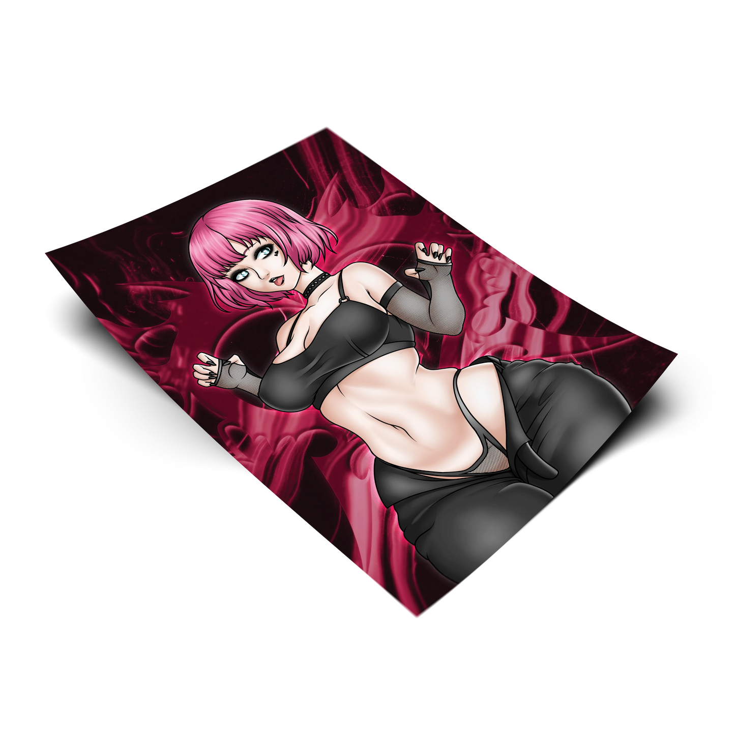 Goth Rin Qatherine art print from Catherine: Full Body, flat lay render on transparent background, pink-haired goth girl in black outfit, Always Sick original design.