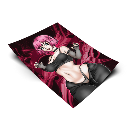Goth Rin Qatherine art print from Catherine: Full Body, flat lay render on transparent background, pink-haired goth girl in black outfit, Always Sick original design.