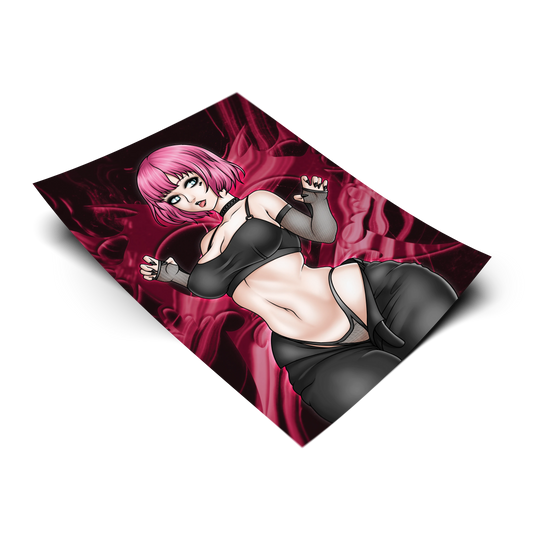 Goth Rin Qatherine art print from Catherine: Full Body, flat lay render on transparent background, pink-haired goth girl in black outfit, Always Sick original design.