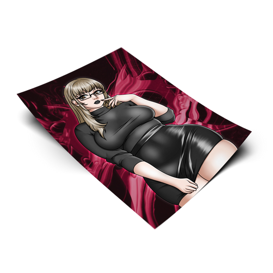 Goth Katherine McBride art print from Catherine: Full Body, flat lay render on transparent background, blonde anime girl in black turtleneck and leather skirt with glasses, Always Sick original design.
