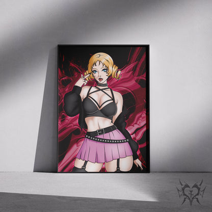 Goth Catherine Catherine: Full Body art print displayed in a black frame against a grey wall, digital mockup of Always Sick original anime artwork.