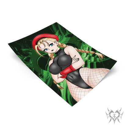 Cammy art print flat lay with deep green smoke background, Street Fighter fan art in red beret and black bodysuit with fishnet stockings, Always Sick original design.