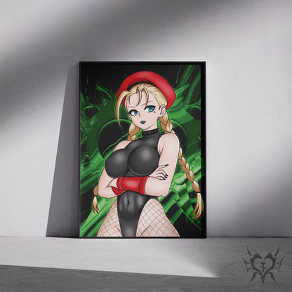 Cammy Street Fighter art print displayed in a black frame against a grey wall, digital mockup of Always Sick original anime artwork.
