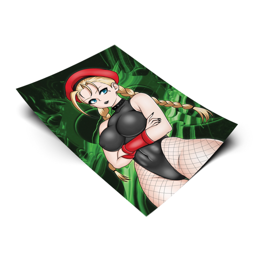 Cammy art print from Street Fighter, flat lay render on transparent background, blonde anime girl with braided pigtails in red beret and black bodysuit with fishnet stockings, Always Sick original design.