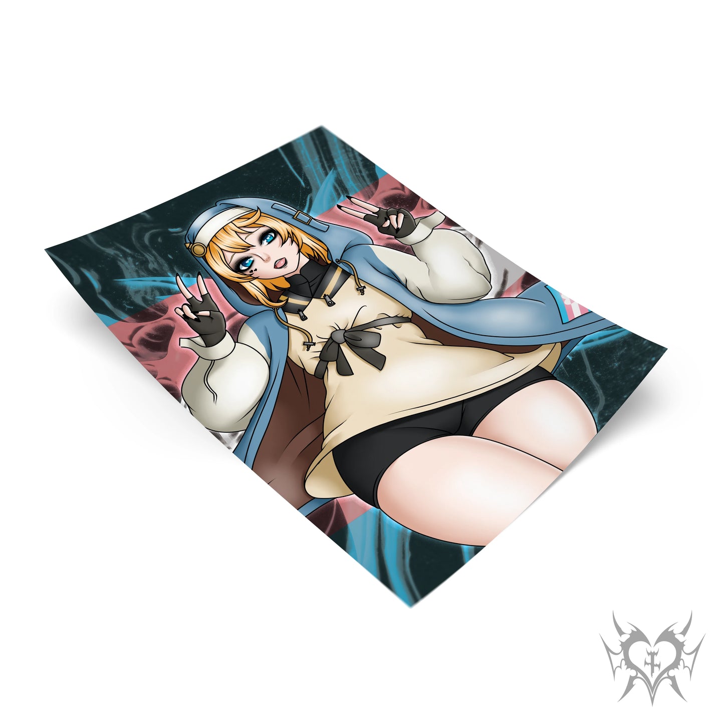 Bridget art print with blue and pink trans pride flag smoke background, Guilty Gear Strive fan art, Always Sick original design.