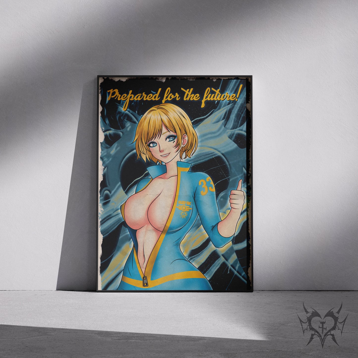 Vault Girl Fallout art print displayed in a black frame against a grey wall, digital mockup of Always Sick original artwork.