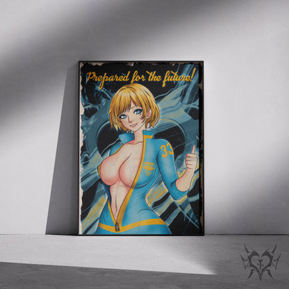 Vault Girl Fallout art print displayed in a black frame against a grey wall, digital mockup of Always Sick original artwork.