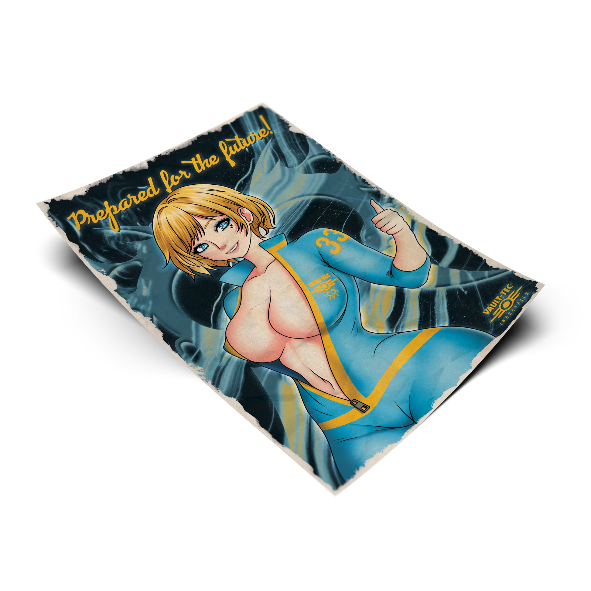 Vault Girl art print from Fallout, flat lay render on transparent background, blonde anime girl in blue Vault-Tec jumpsuit giving a thumbs up.