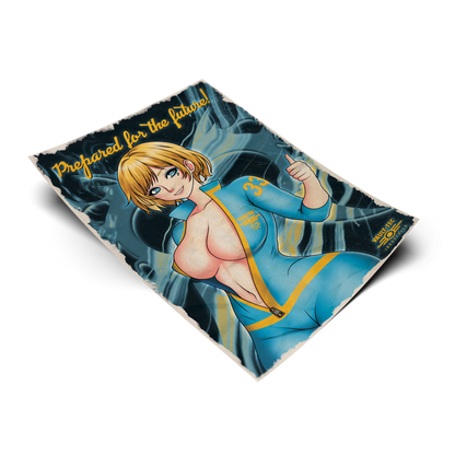 Vault Girl art print from Fallout, flat lay render on transparent background, blonde anime girl in blue Vault-Tec jumpsuit giving a thumbs up.