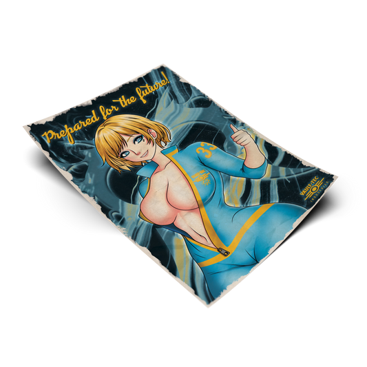 Vault Girl art print from Fallout, flat lay render on transparent background, blonde anime girl in blue Vault-Tec jumpsuit giving a thumbs up.
