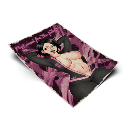 Vault Dweller Noushi art print, flat lay render on transparent background, Black/Pink Suit variant with glasses and fangs.