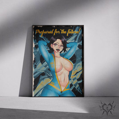 Vault Dweller Noushi art print displayed in a black frame against a grey wall, blue jumpsuit variant, digital mockup of Always Sick original artwork.