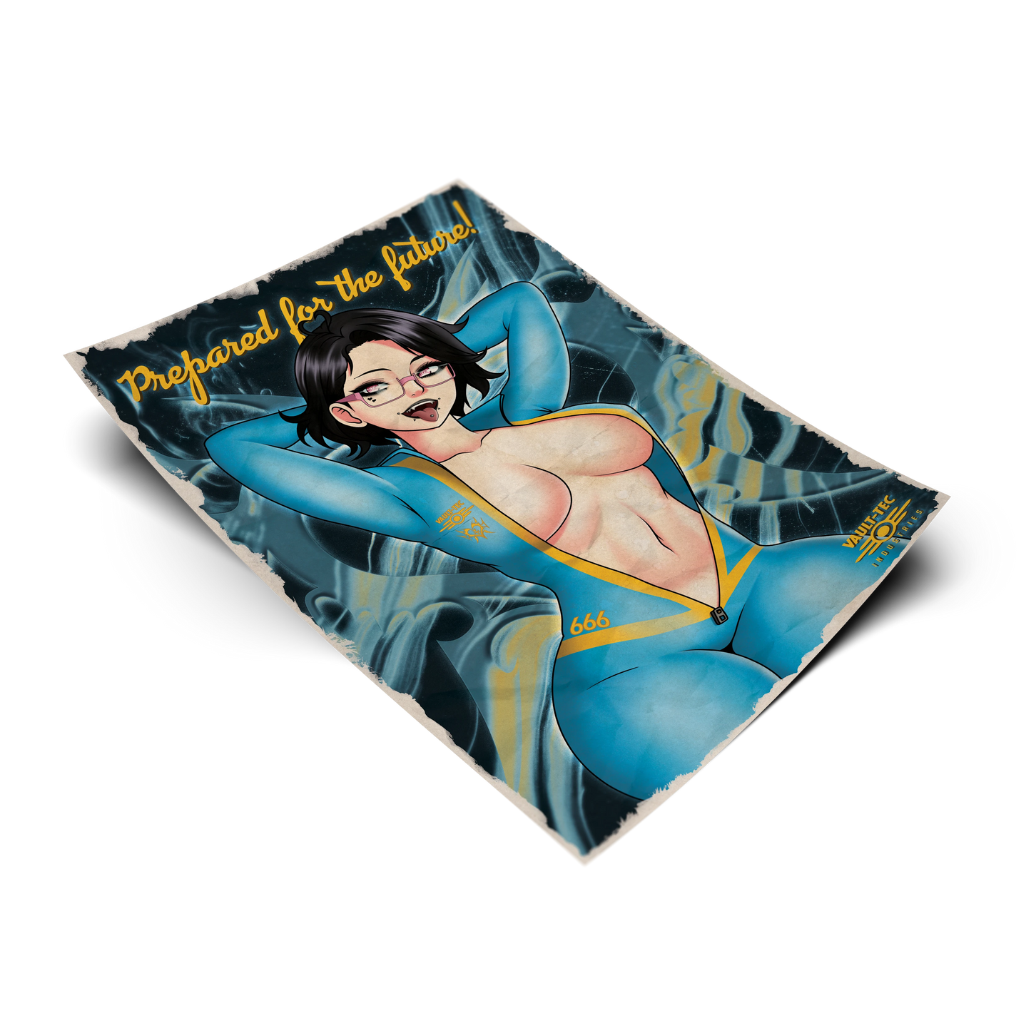 Vault Dweller Noushi art print, flat lay render on transparent background, blue Vault-Tec jumpsuit variant with glasses and fangs.