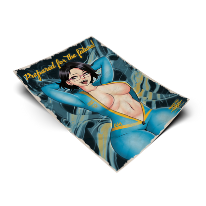 Vault Dweller Noushi art print, flat lay render on transparent background, blue Vault-Tec jumpsuit variant with glasses and fangs.