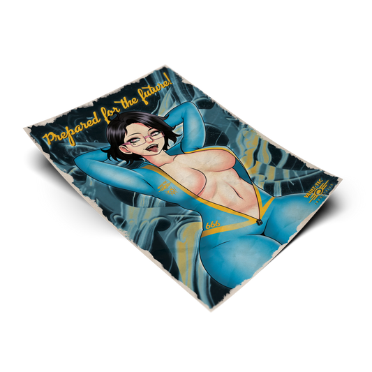 Vault Dweller Noushi art print, flat lay render on transparent background, blue Vault-Tec jumpsuit variant with glasses and fangs.