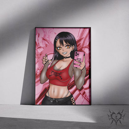 Goth Nagatoro art print displayed in a black frame against a grey wall, digital mockup of Always Sick original artwork.