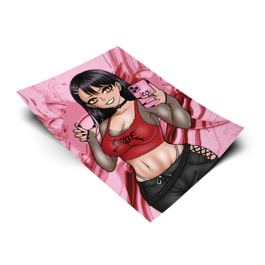 Goth Nagatoro art print, flat lay render on transparent background, black hair goth alt aesthetic with red crop top and pink phone selfie pose.