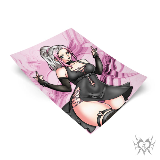 Lily art print displayed in a black frame leaning against a wall, goth pin-up with silver-pink hair and black corset-laced dress on a pink marbled background, Always Sick x Lewdacris Creations collab.