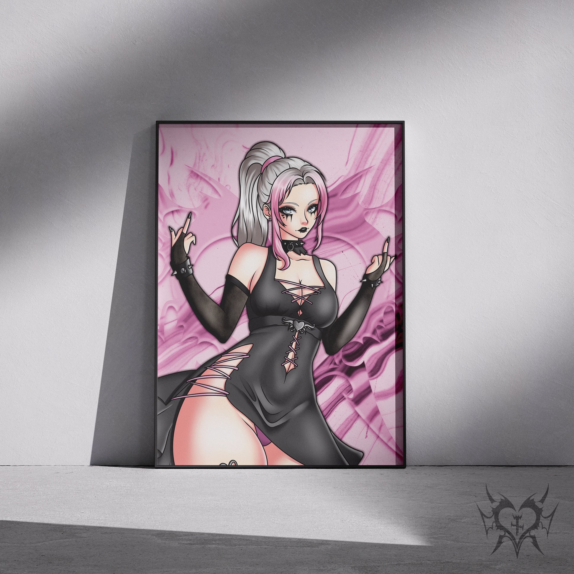 Lily art print angled on a transparent background, goth girl with silver-pink ponytail and black corset-laced dress, Always Sick x Lewdacris Creations collab original.