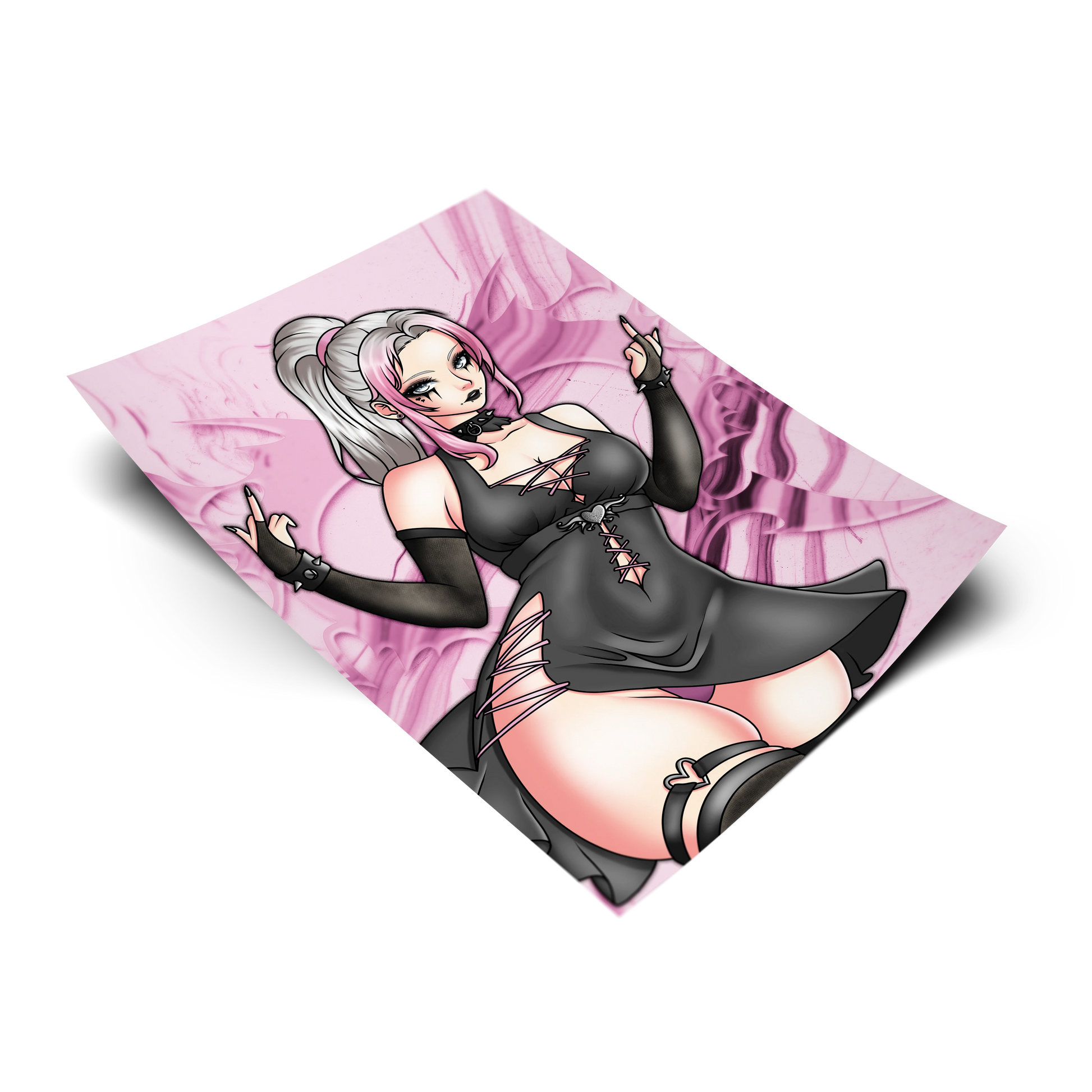 Lily art print on a pink marbled background, goth girl with silver and pink ponytail, spiked choker, black corset-laced dress, fishnet arm warmers and thigh-high stockings. A Lewdacris Creations collab.