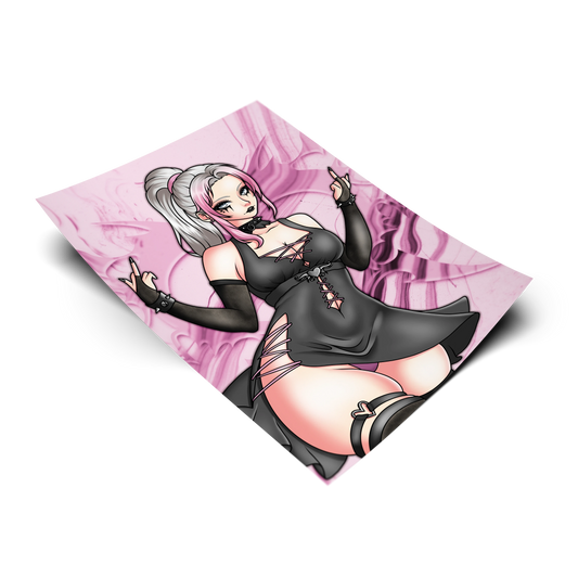 Lily art print on a pink marbled background, goth girl with silver and pink ponytail, spiked choker, black corset-laced dress, fishnet arm warmers and thigh-high stockings. A Lewdacris Creations collab.