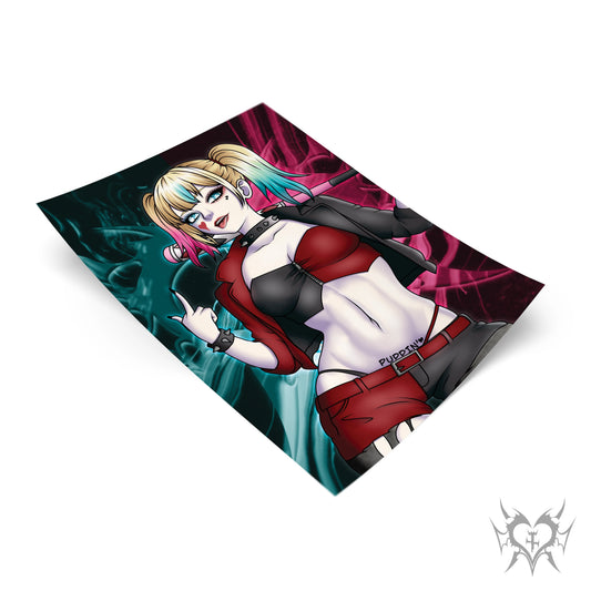 Harley Quinn art print with teal and magenta smoke background, DC Comics fan art featuring goth-punk styling and a baseball bat, Always Sick original design.