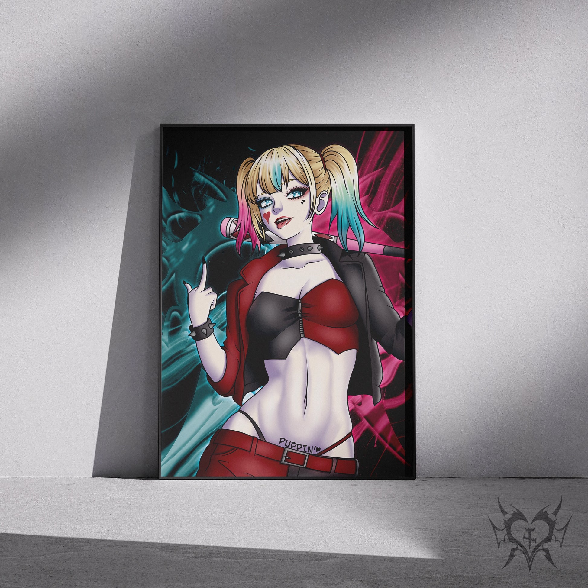 Harley Quinn DC Comics art print displayed in a black frame against a grey wall, digital mockup of Always Sick original anime artwork.