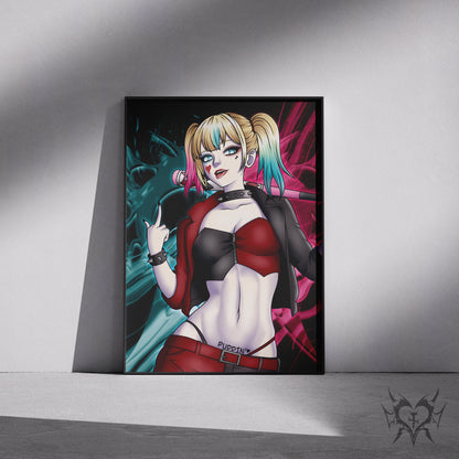 Harley Quinn DC Comics art print displayed in a black frame against a grey wall, digital mockup of Always Sick original anime artwork.