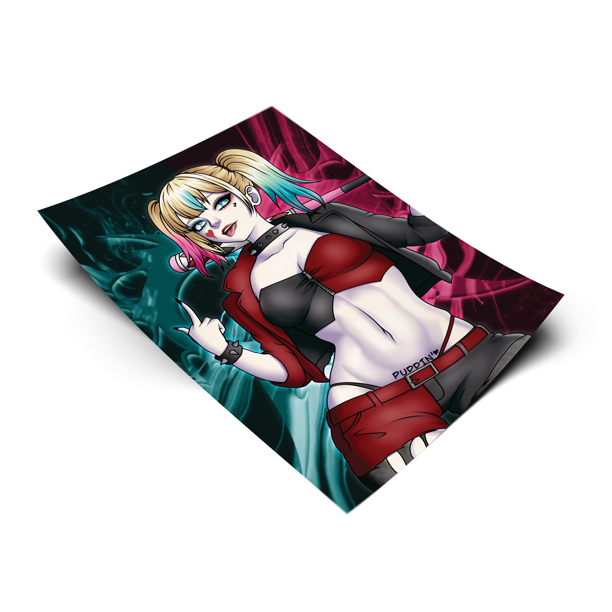 Harley Quinn art print from DC Comics, flat lay render on white background, pink and teal pigtails with spiked accessories and baseball bat, Always Sick original design.
