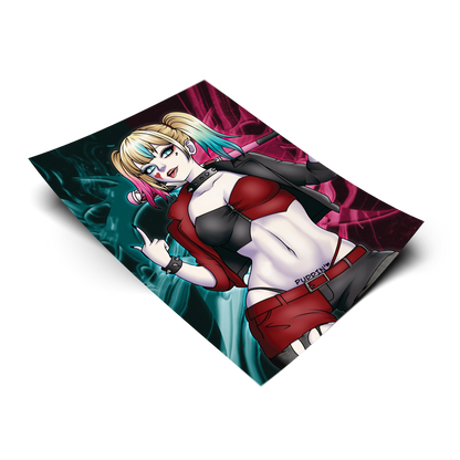 Harley Quinn art print from DC Comics, flat lay render on white background, pink and teal pigtails with spiked accessories and baseball bat, Always Sick original design.