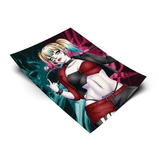 Harley Quinn art print from DC Comics, flat lay render on white background, pink and teal pigtails with spiked accessories and baseball bat, Always Sick original design.