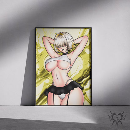 Elegg NIKKE: Goddess of Victory art print displayed in a black frame against a grey wall, digital mockup of Always Sick original anime artwork.