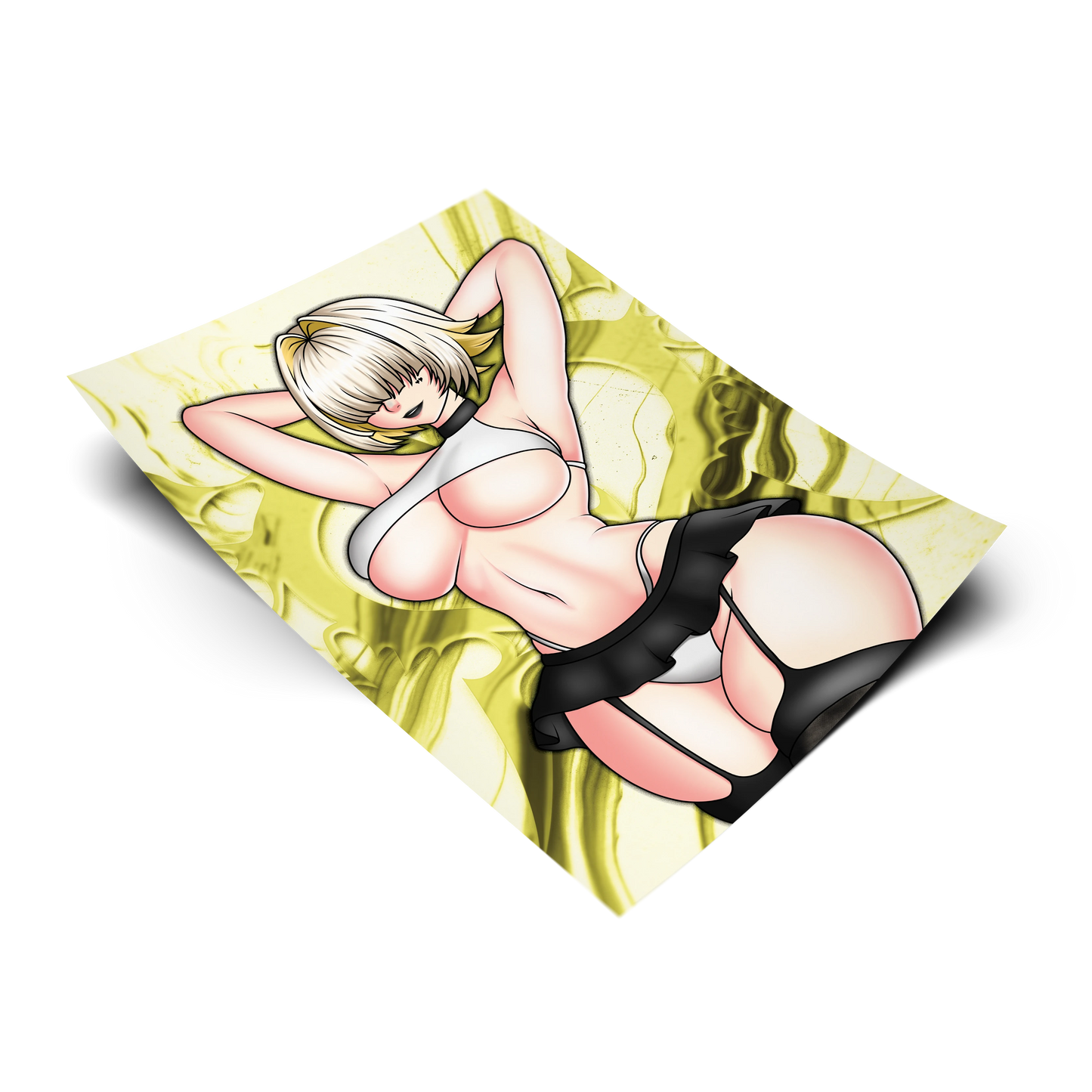 Elegg art print from NIKKE: Goddess of Victory, flat lay render on white background, blonde bob hairstyle with white halter top and black skirt, Always Sick original design.