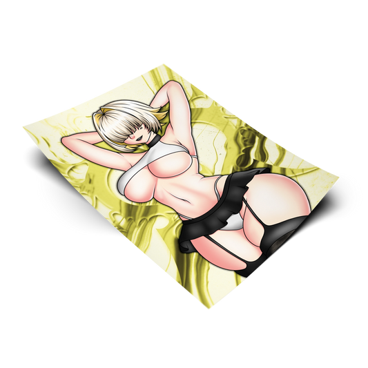Elegg art print from NIKKE: Goddess of Victory, flat lay render on white background, blonde bob hairstyle with white halter top and black skirt, Always Sick original design.