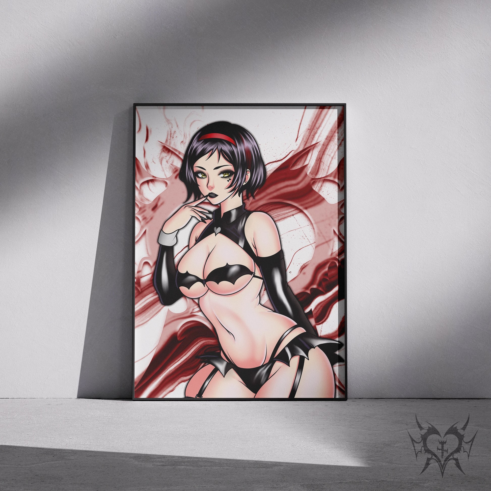 Crow NIKKE: Goddess of Victory art print displayed in a black frame against a grey wall, digital mockup of red smoke background artwork.