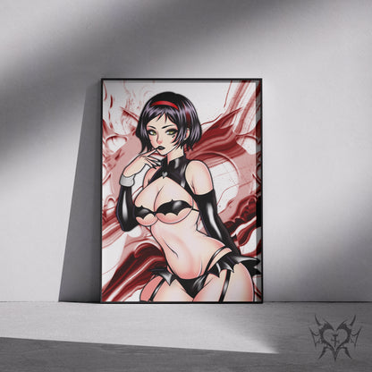 Crow NIKKE: Goddess of Victory art print displayed in a black frame against a grey wall, digital mockup of red smoke background artwork.