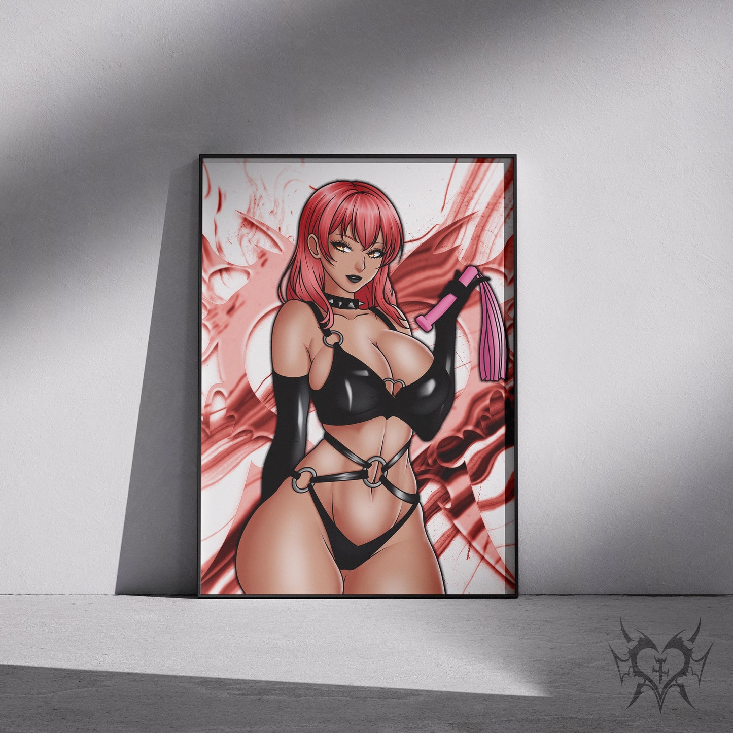 Volume NIKKE: Goddess of Victory art print displayed in a black frame against a grey wall, digital mockup of red smoke background artwork.