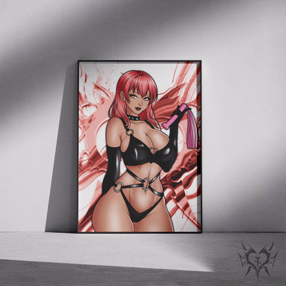 Volume NIKKE: Goddess of Victory art print displayed in a black frame against a grey wall, digital mockup of red smoke background artwork.