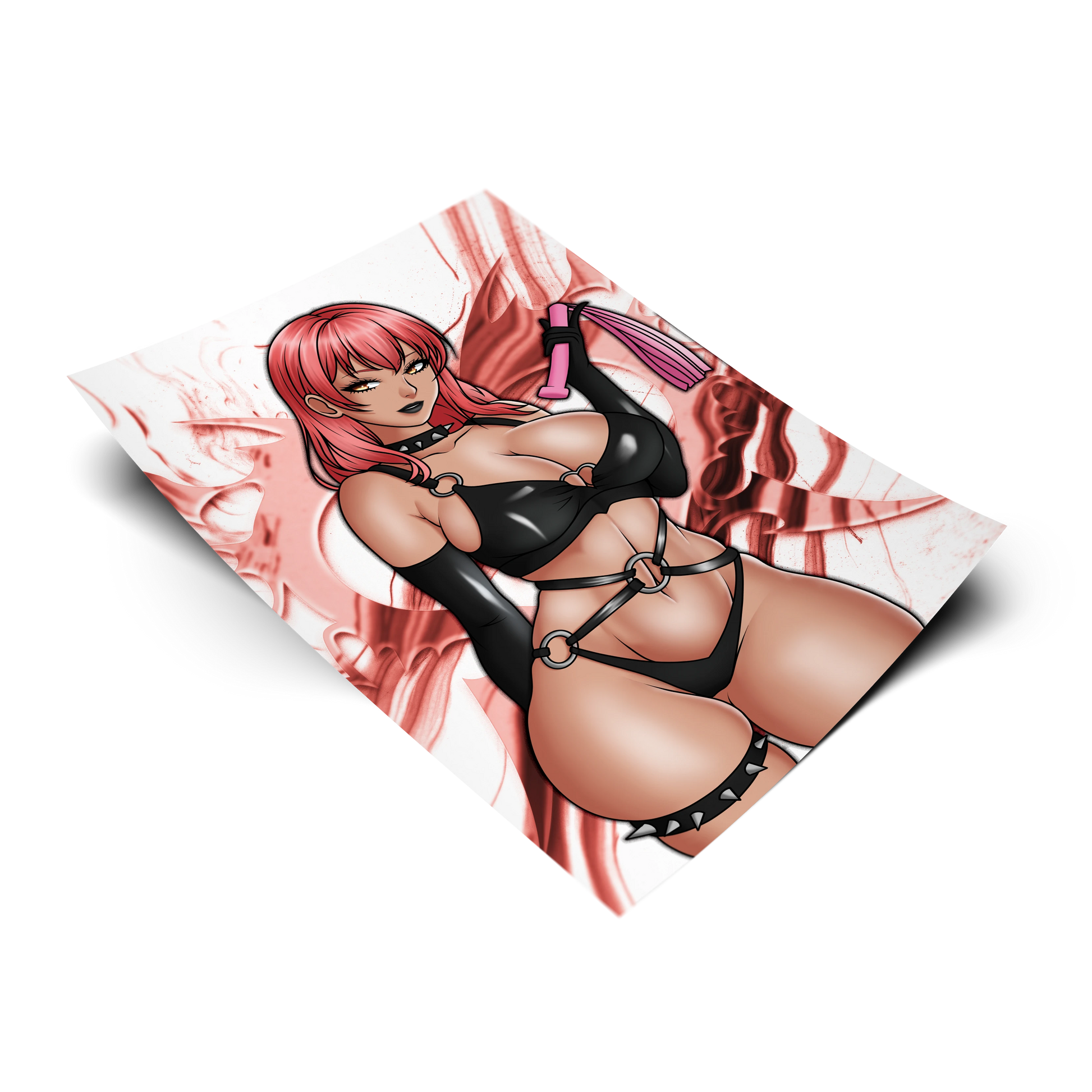 Volume art print from NIKKE: Goddess of Victory, flat lay render with red smoke background, black leather harness bikini and pink flogger.