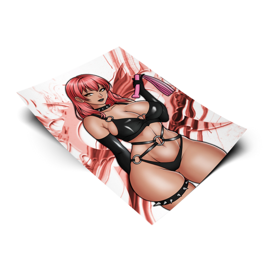 Volume art print from NIKKE: Goddess of Victory, flat lay render with red smoke background, black leather harness bikini and pink flogger.