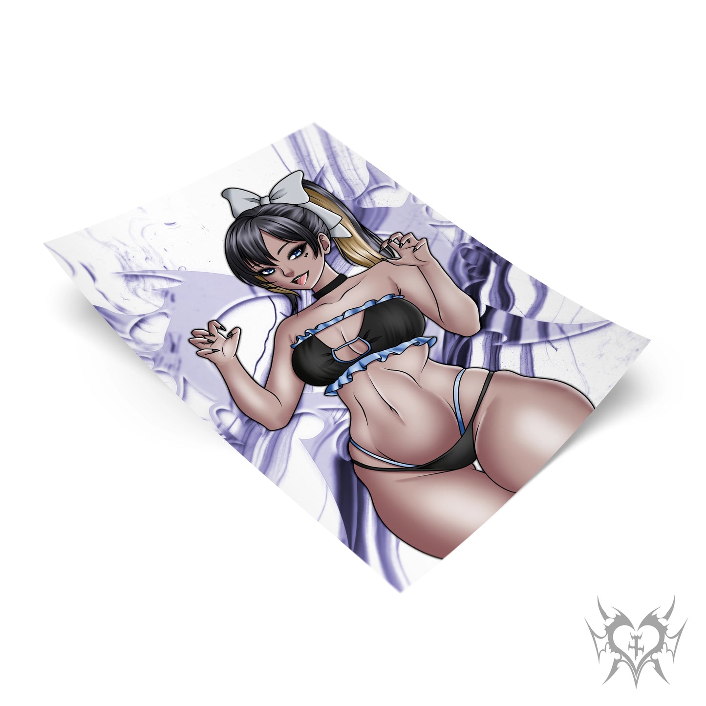Noise art print with purple smoke background, NIKKE: Goddess of Victory fan art featuring dark ponytail with white bow and black bikini.