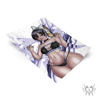 Noise art print with purple smoke background, NIKKE: Goddess of Victory fan art featuring dark ponytail with white bow and black bikini.