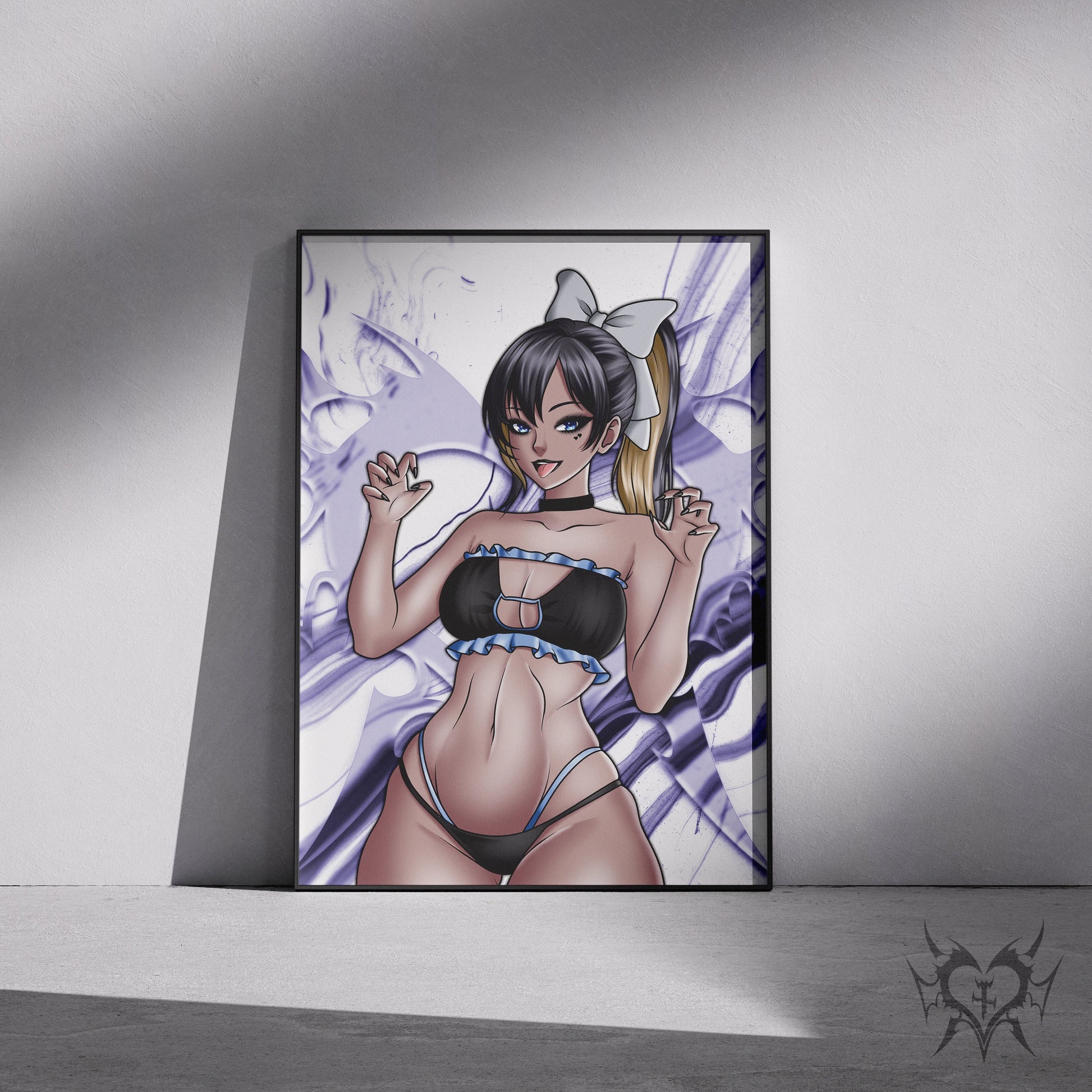 Noise NIKKE: Goddess of Victory art print displayed in a black frame against a grey wall, digital mockup of purple smoke background artwork.