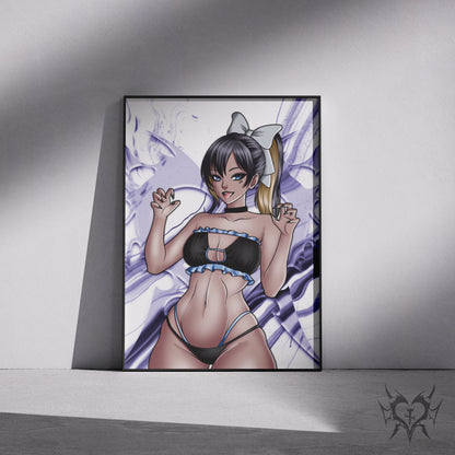 Noise NIKKE: Goddess of Victory art print displayed in a black frame against a grey wall, digital mockup of purple smoke background artwork.